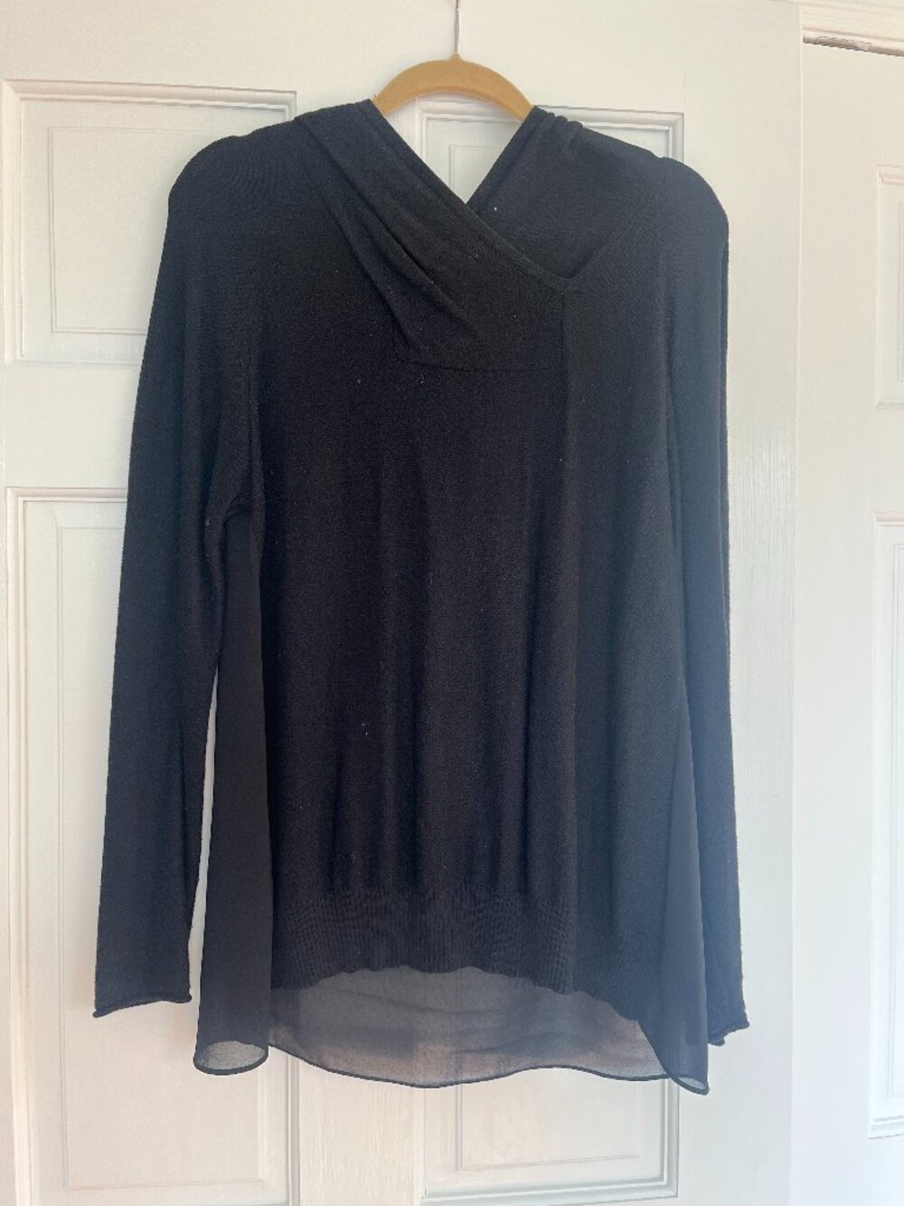 Central Park West Black Mixed-Media Cowl Neck Top — Knit & Chiffon, Size M